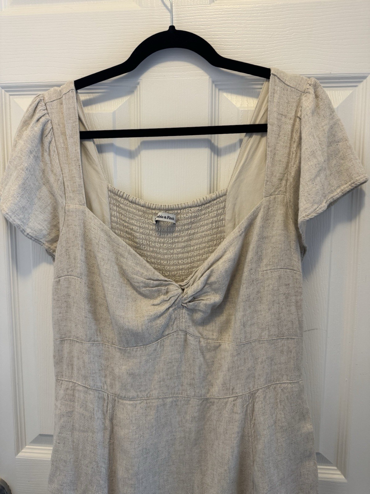 Abercrombie & Fitch Beige Solid Short A-Line Dress L Square Neck Puff Smocked