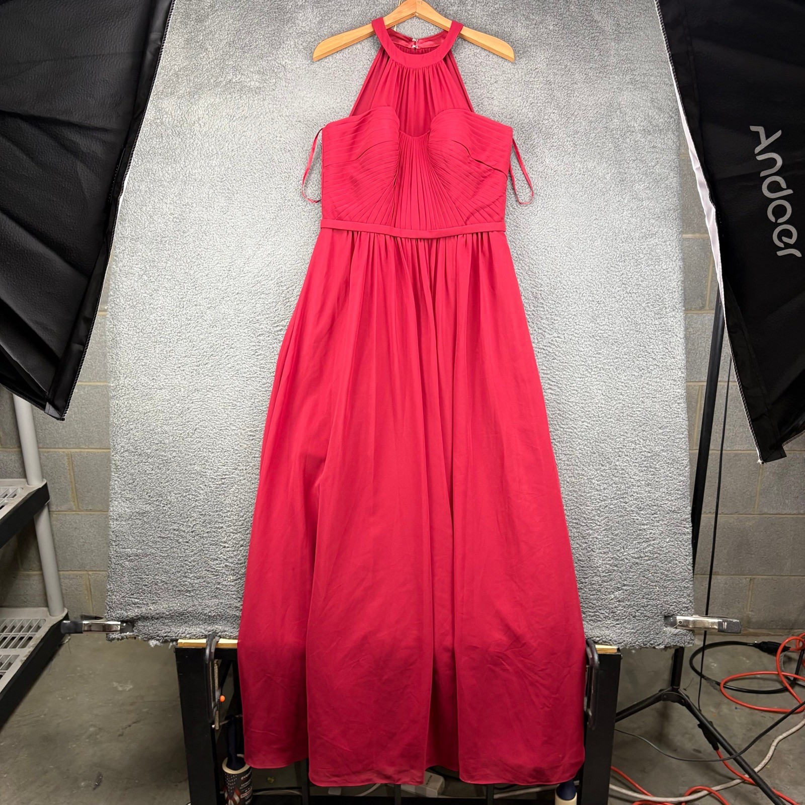 Fiesta Fashion Red Halter Neck Pleated Chiffon Maxi Gown Dress Womens XL