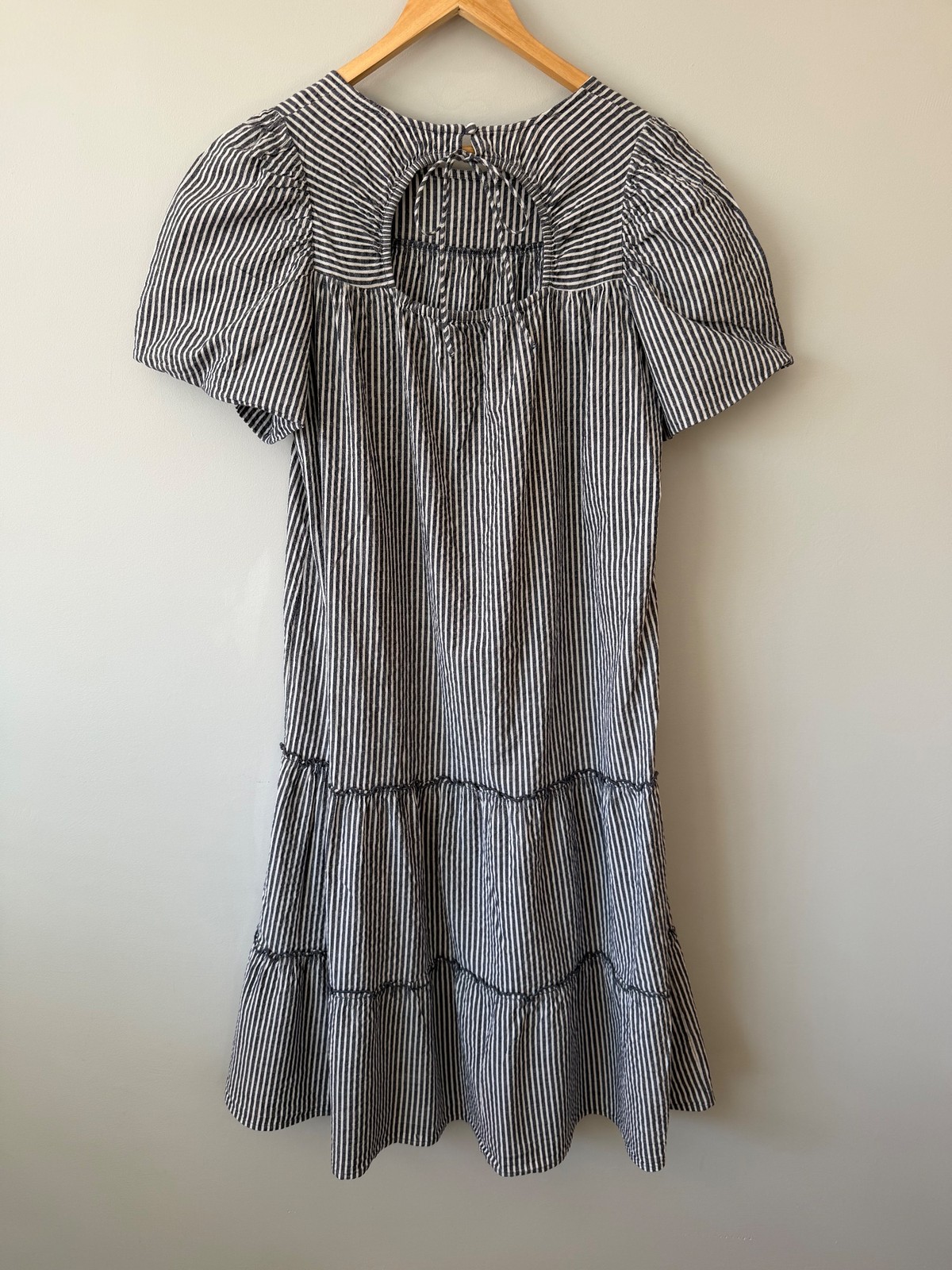 Next Navy Striped Tiered Puff Sleeve Cotton Dress UK 16 Keyhole Back