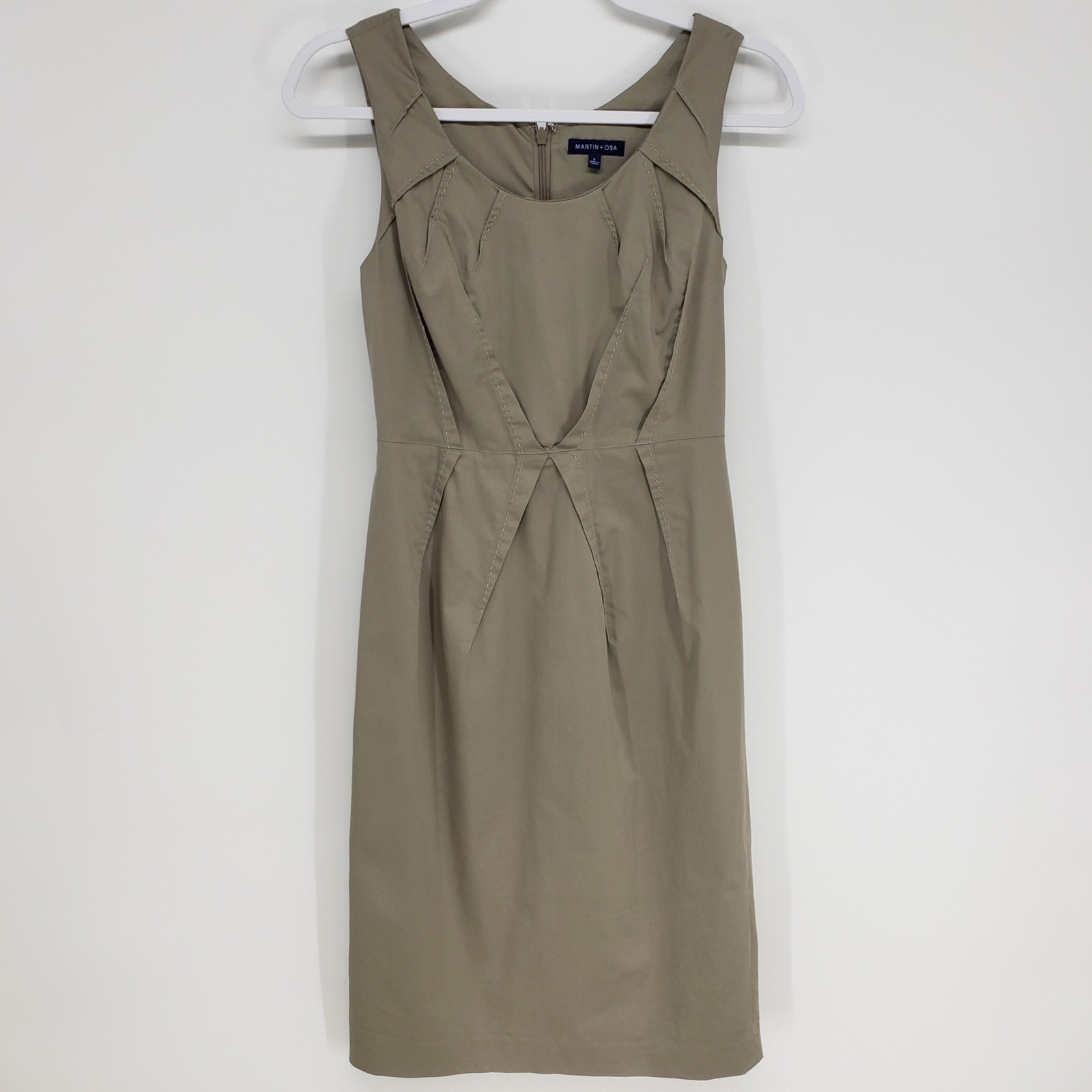 Martin + Osa Origami Pleated Sheath Dress Womens 0 Tan Khaki Sleeveless Cotton