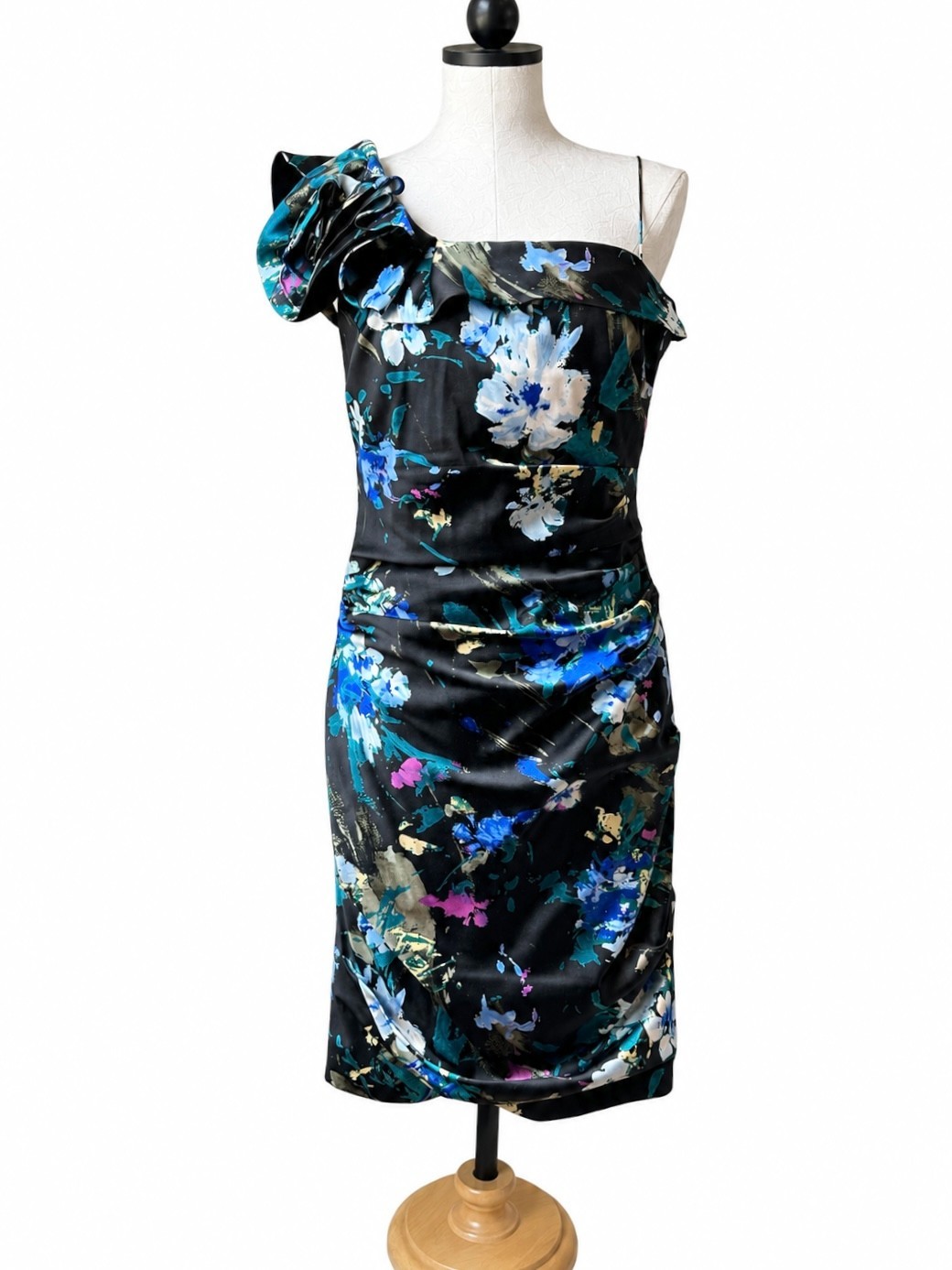 Teri Jon Rickie Freeman One Shoulder Floral Satin Cocktail Dress Size 10