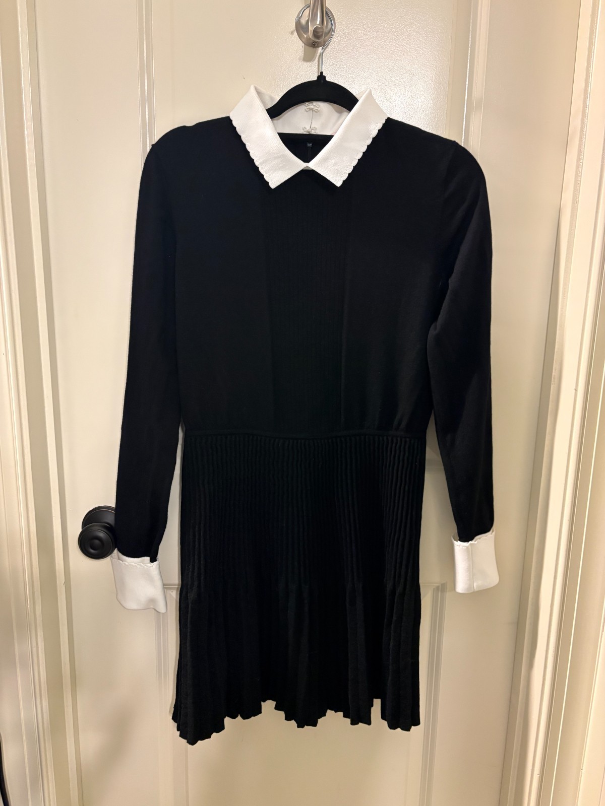 Tory Burch Black Wool Sweater Dress White Collar Pleated Knit Long Sleeve L