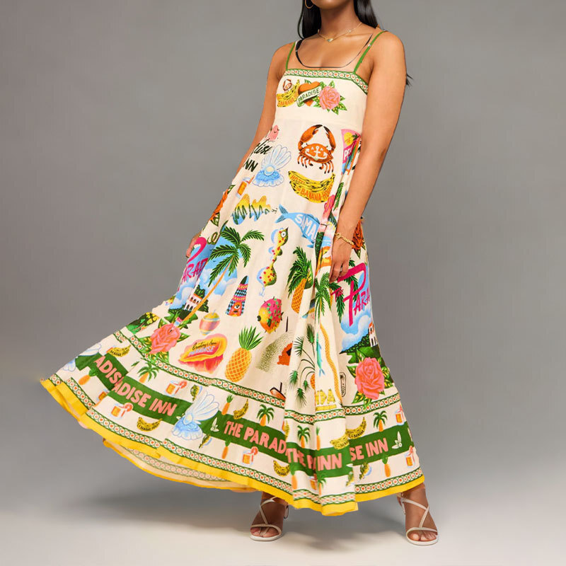 Spring Women’s New Style Elegant High Waist Printed Strap Casual Fashion Dress