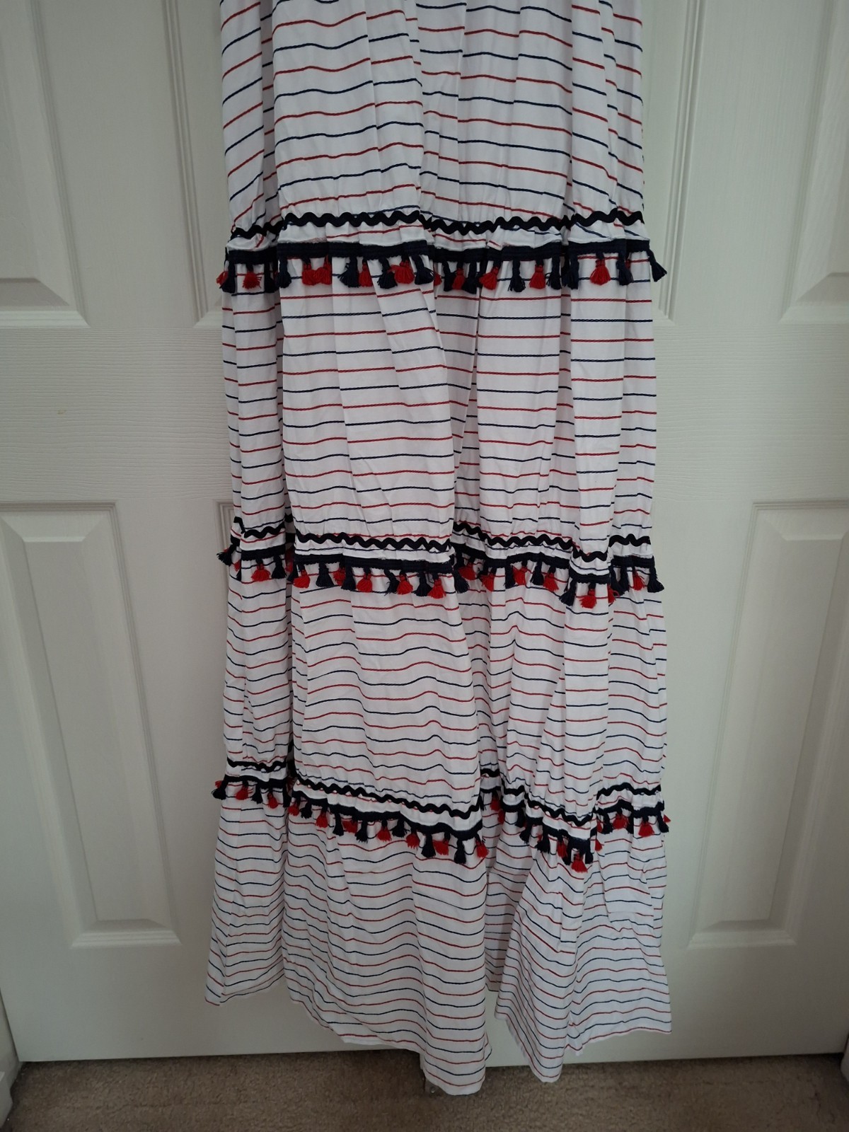 New L’ATISTE Boho Tiered White Blue Red Cotton Maxi Dress Size Medium or Large