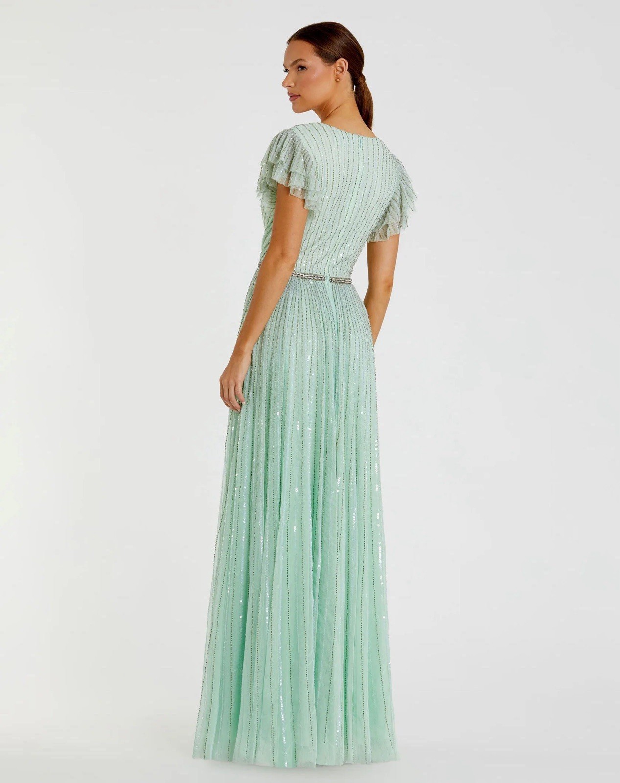 MAC DUGGAL Sequined Wrap Over Ruffled Cap Sleeve Gown 5502 Seamist Size 16 $698
