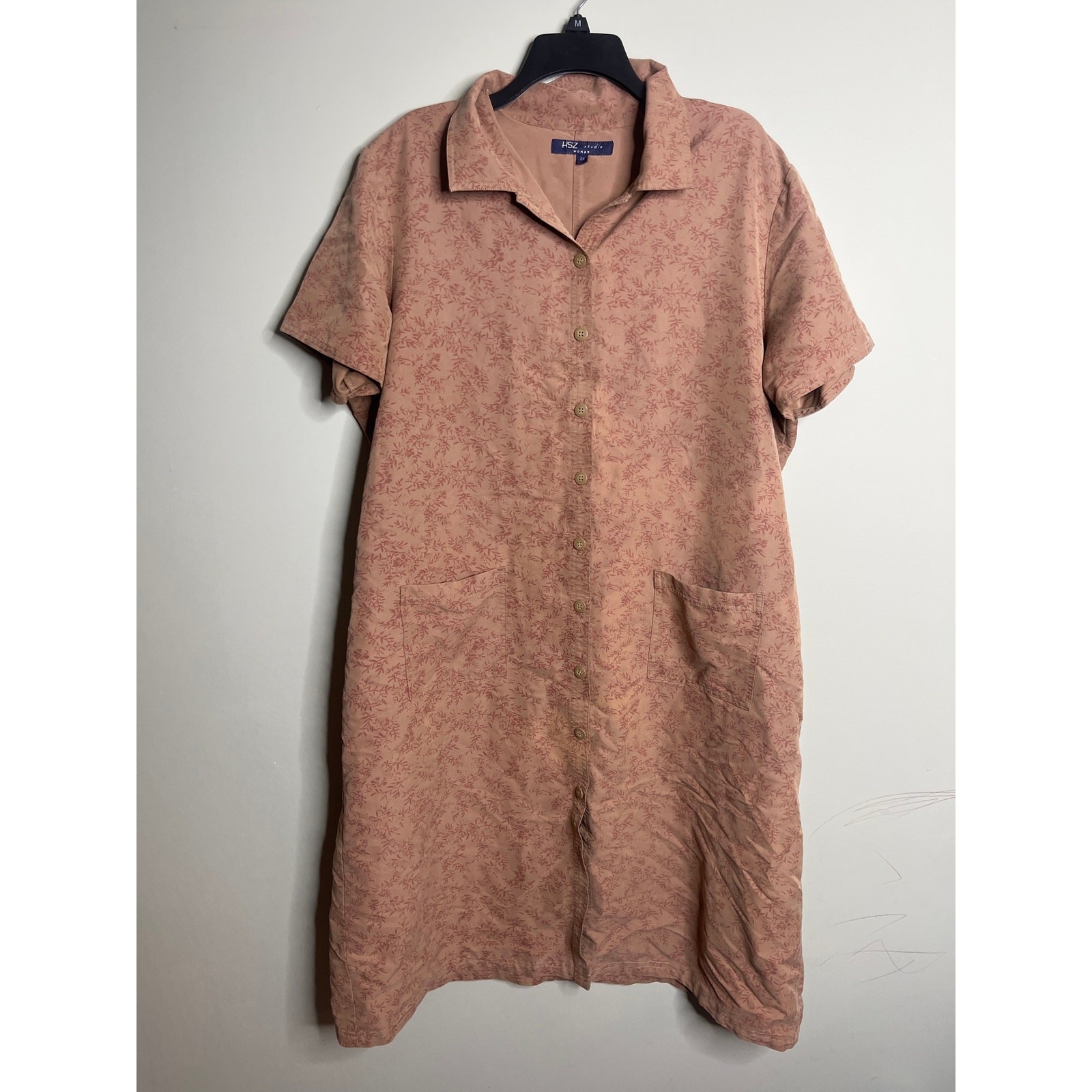 HSZ Studio Woman Short Sleeve Button Front Brown Floral 2X