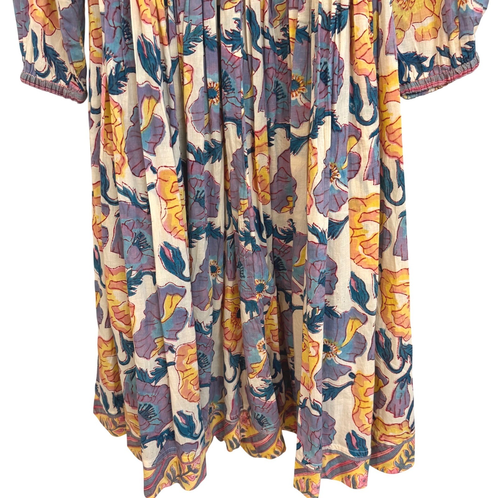 Dori Floral Poppy Print Cotton Boho Midi Dress Purple Yellow Cottagecore L/XL