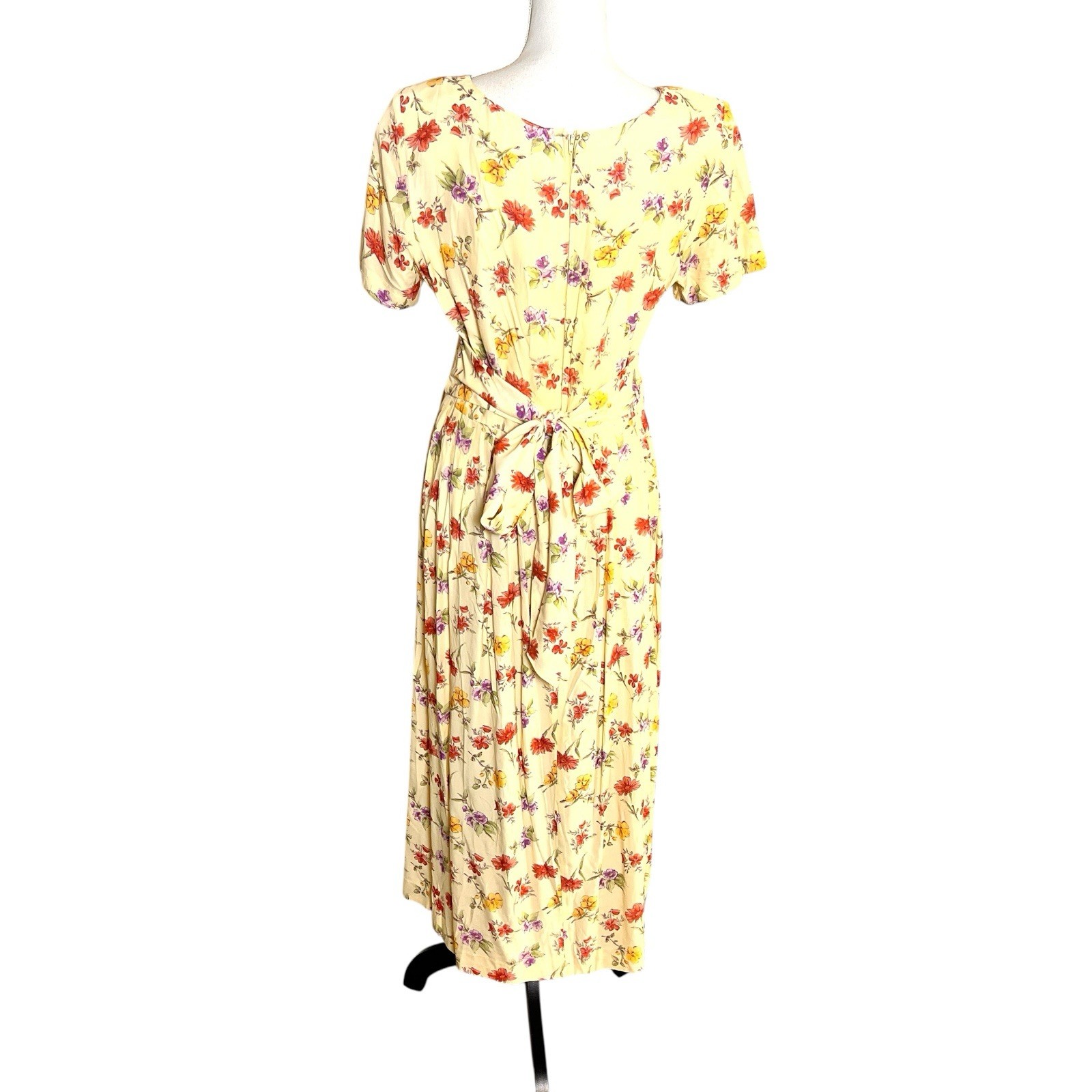 Vtg Karin Stevens 90s Yellow Floral Midi Dress Spring Fit Flare Cottagecore L