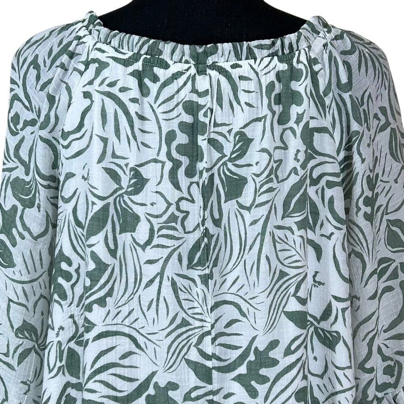 Naif Green White Rayon Gathered Neckline Bell Sleeve Sheath Dress Size L