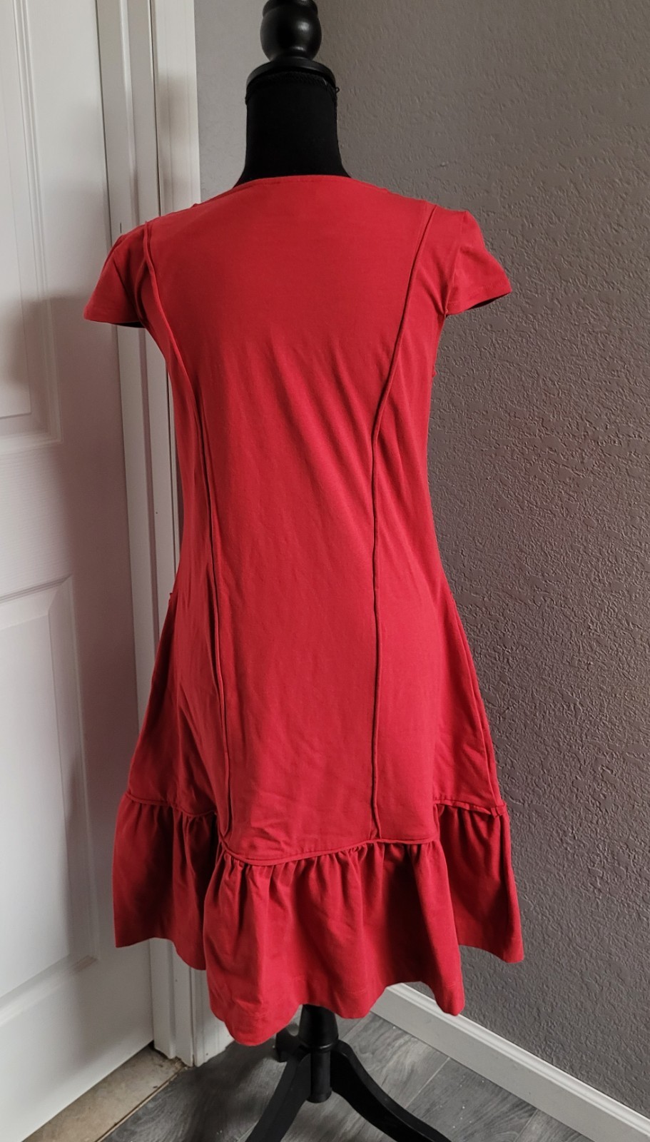 OSO Casuals Fleuri A-line Swing Midi Red Dress Cap Sleeve Front Pockets Women XS