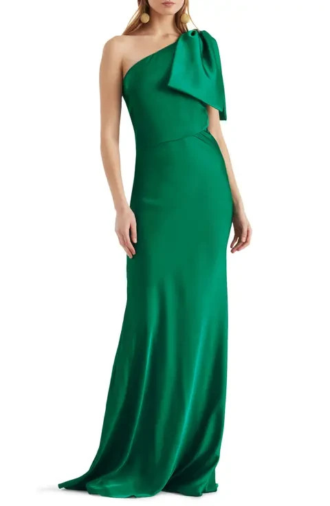 Sachin & Babi Emerald Green Aubrey One-Shoulder Satin Charmeuse Gown Size 6 $725