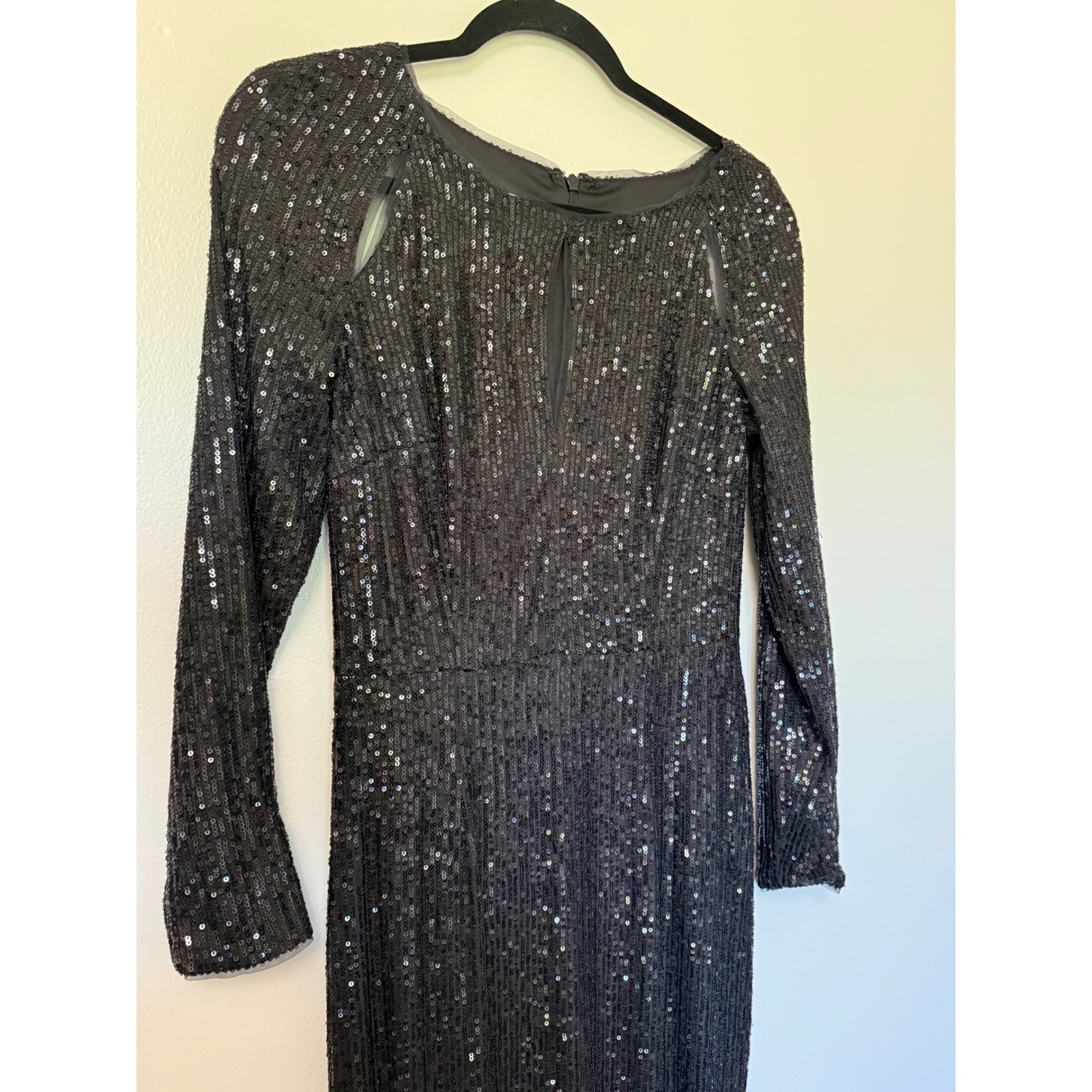 Black Sequin Long Sleeve Maxi Dress Shoulder Cut Out Side Slit Formal Gown