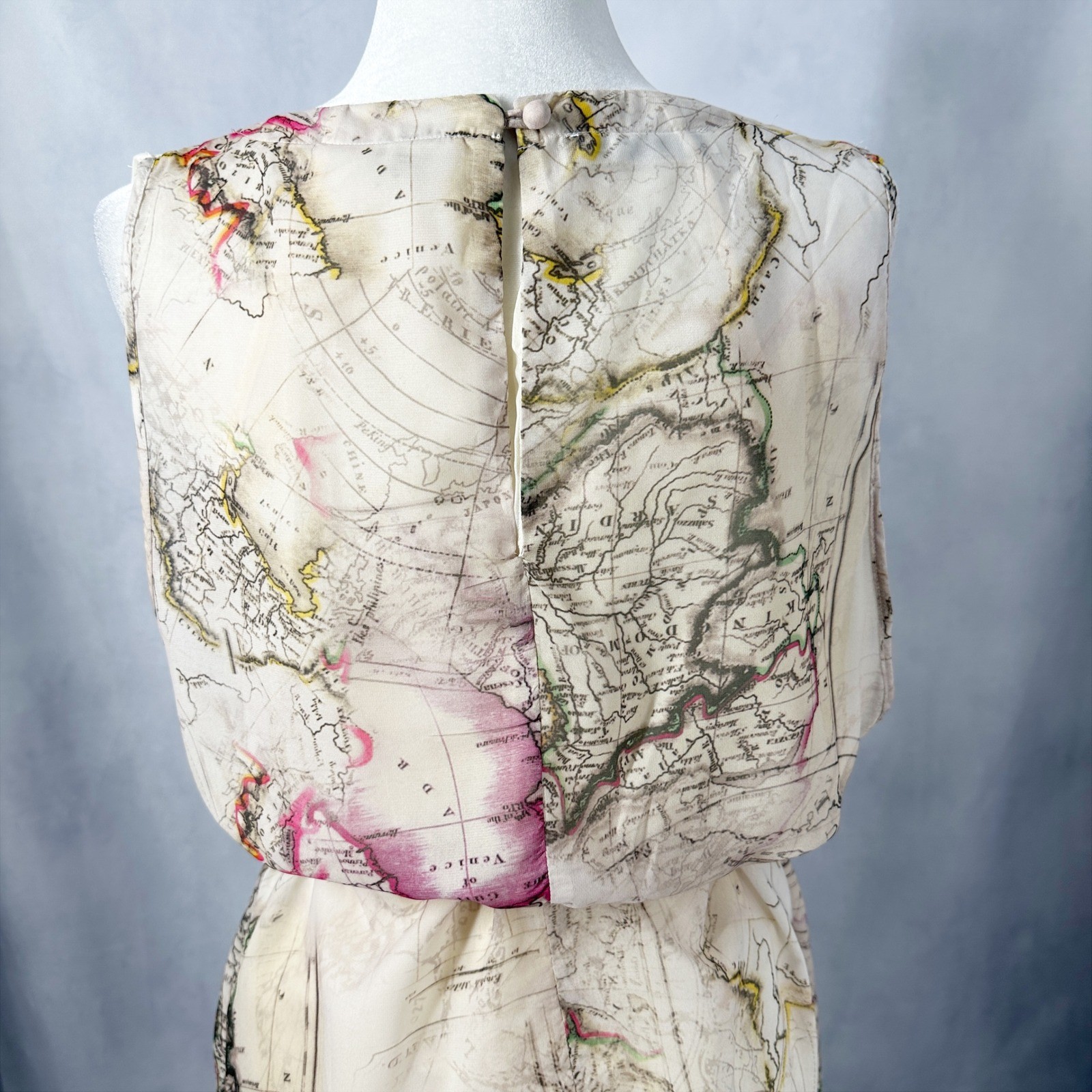 Kersh Sleeveless Draped Tie Waist Map Print Asymmetrical Dress Size Medium NEW