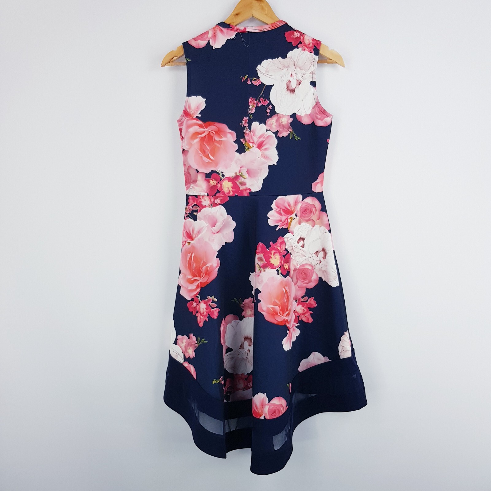 Quiz Womens Size 10 Navy Blue Pink Floral Sleeveless Dress Varied Hi-Lo Hem