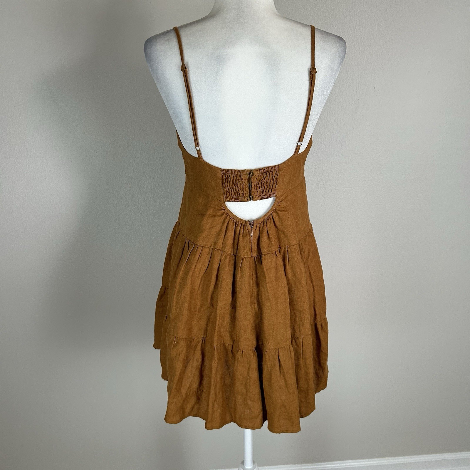 Botique Mini Dress Linen Brown Mini Large Sun Summer Tiered Pleated Natural Gold