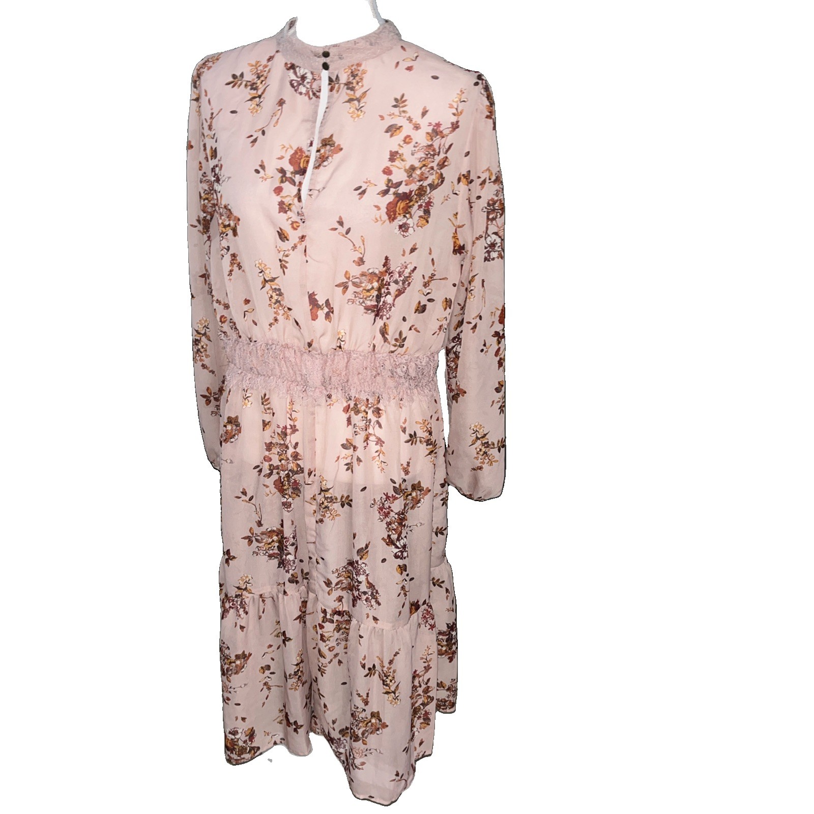 Bohemian Pink Floral Sheer Illusion Overlay Dress Cottage Core High Neck Sz L