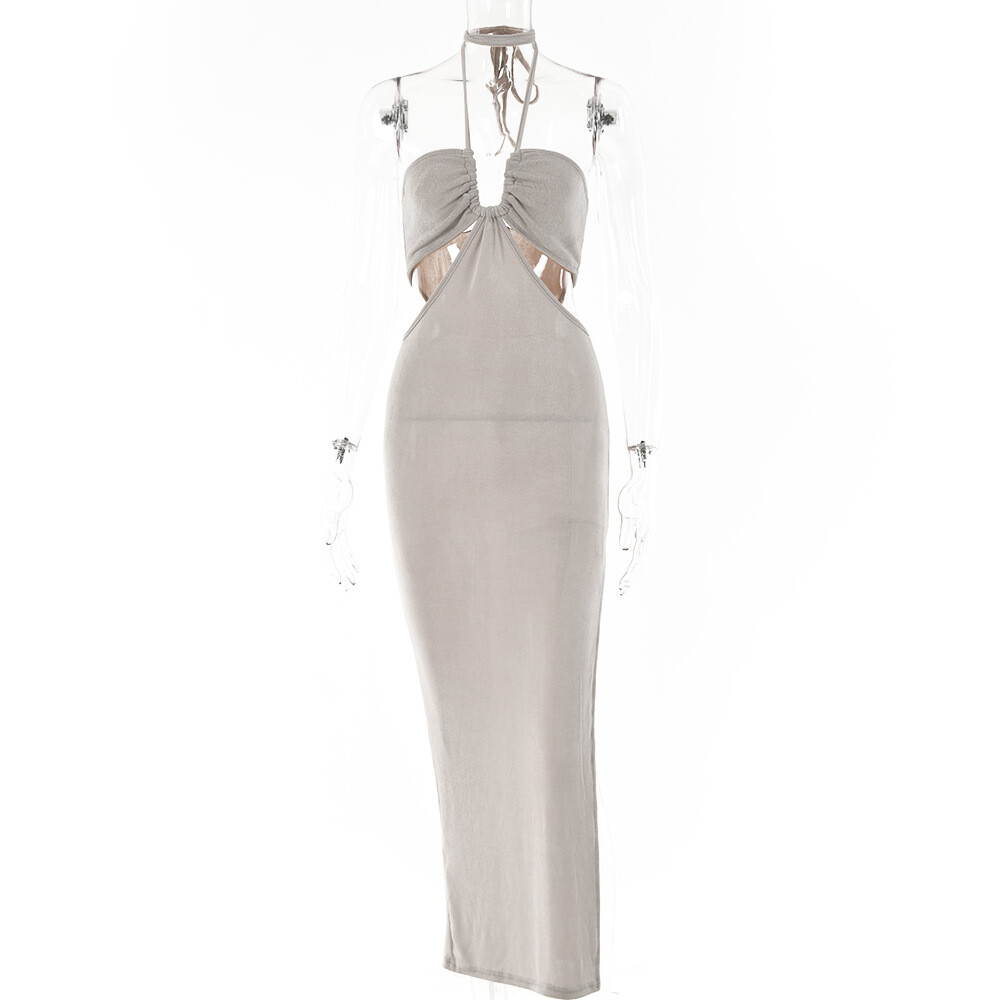 Women’s Solid Color Sexy Halter Neck Strap Internet celebrity High Split Dress –