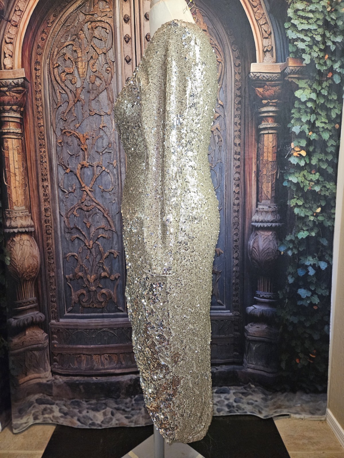 TFNC SARALEE MIDI Gold Silver Sequin Faux Wrap Dress Red Carpet UK 12 USA 8