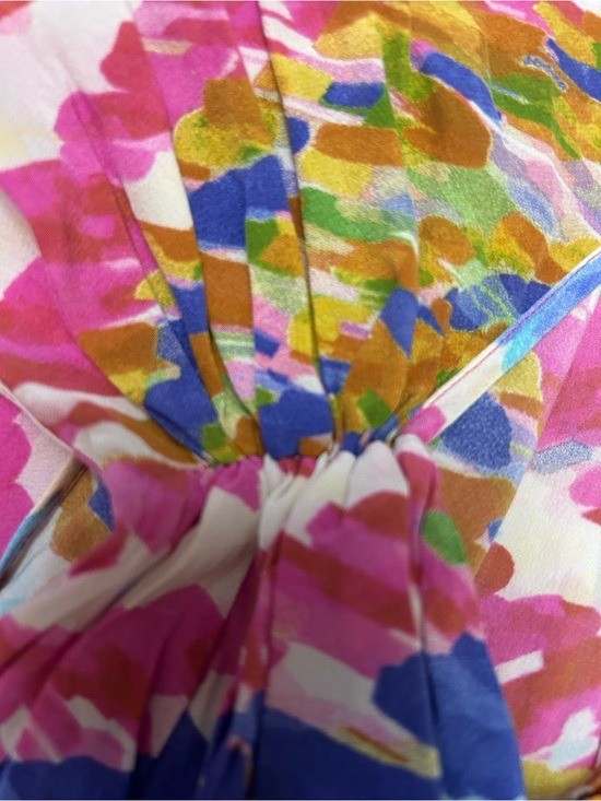 Presley & Skye Silk Pink, Blue & Mustard Abstract Faux Wrap Dress. Medium