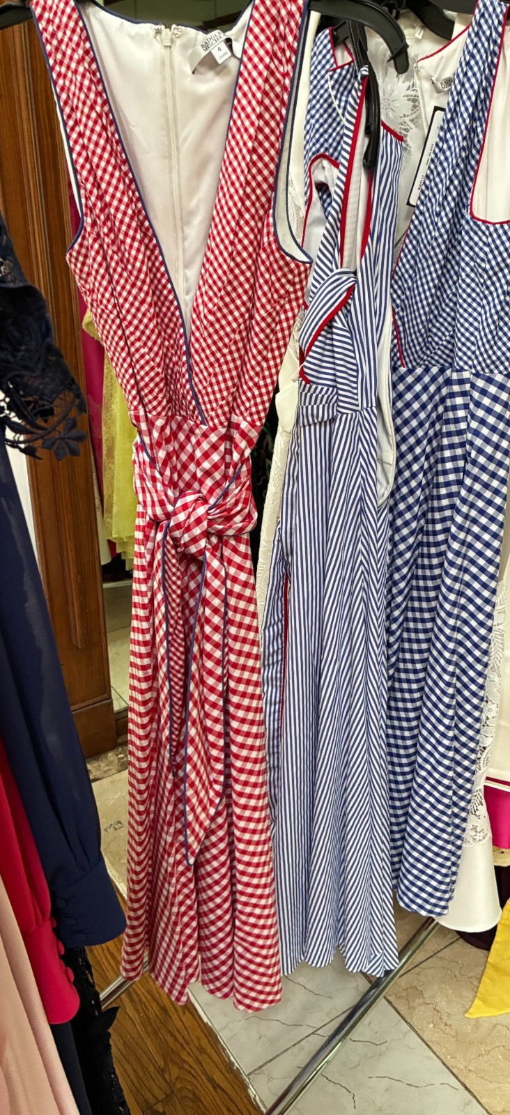 Badgley Mischka Red White Gingham Midi Dress Tie Waist Fit & Flare Cotton NWT