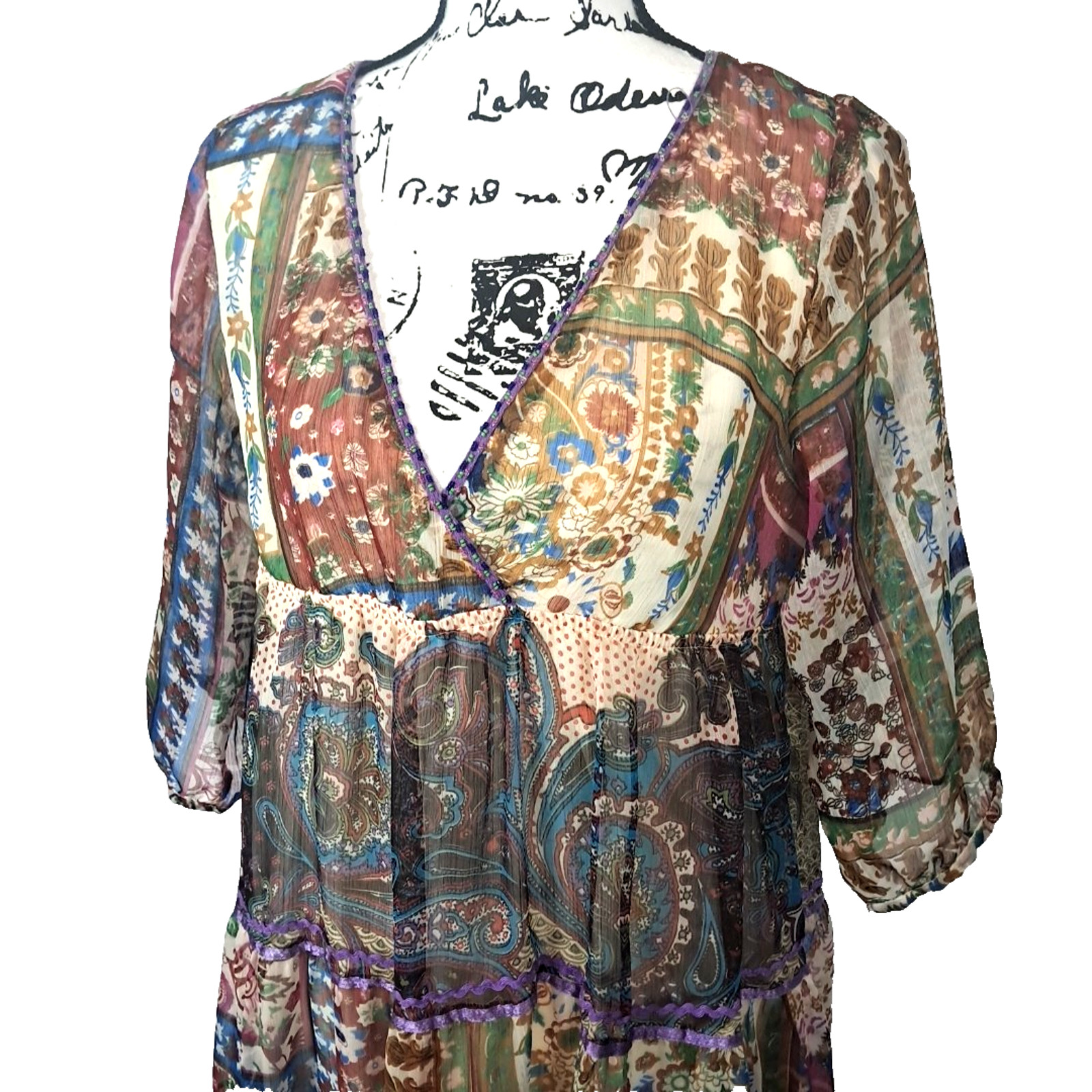 Babydoll Floral Sheer Patchwork Beaded Tiered Mini Dress Size M Purple Boho