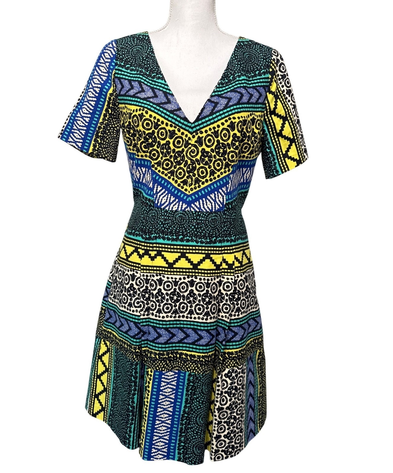 Anthropologie Tracy Reese Petite 8 V-Neck Short Sleeve Geometric Fit & Flare