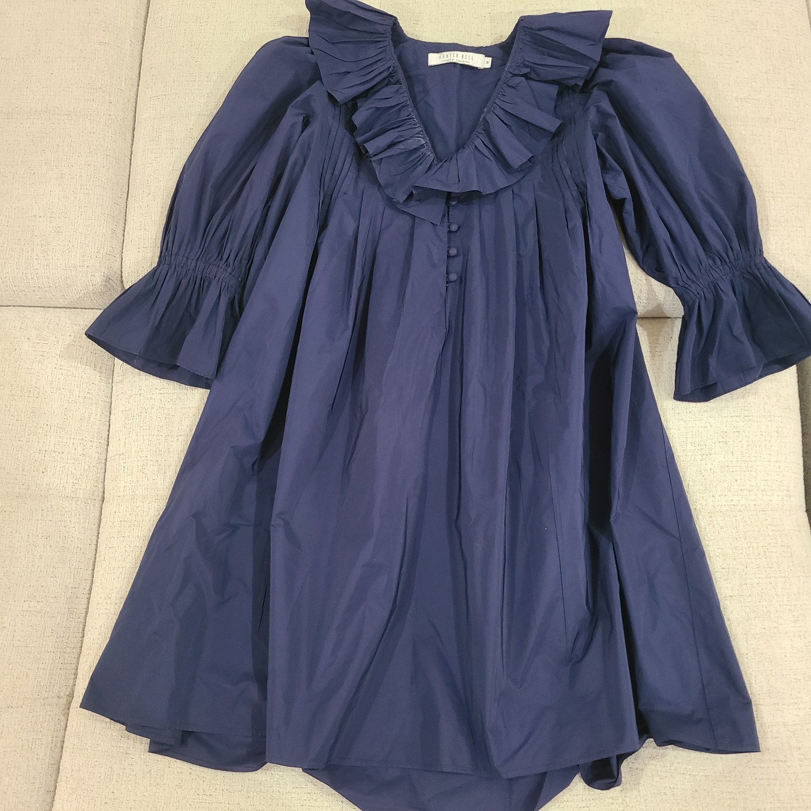 Hunter Bell Sullivan Ruffled Neck Puff Sleeve Mini Dress Navy Blue SZ Medium