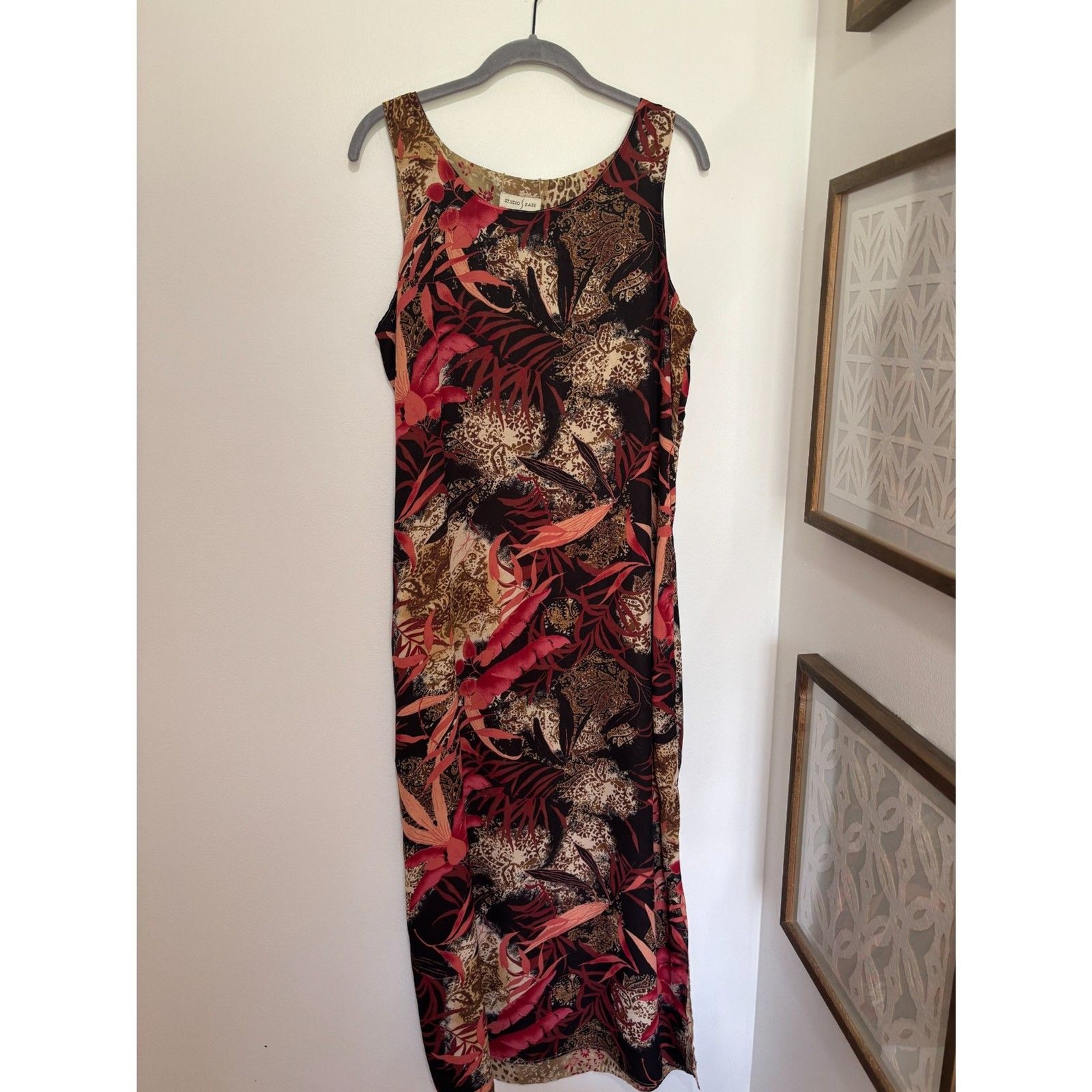 Studio Ease Tropical Animal Print Maxi Dress Size 12 Red Brown Y2K Resort Bold