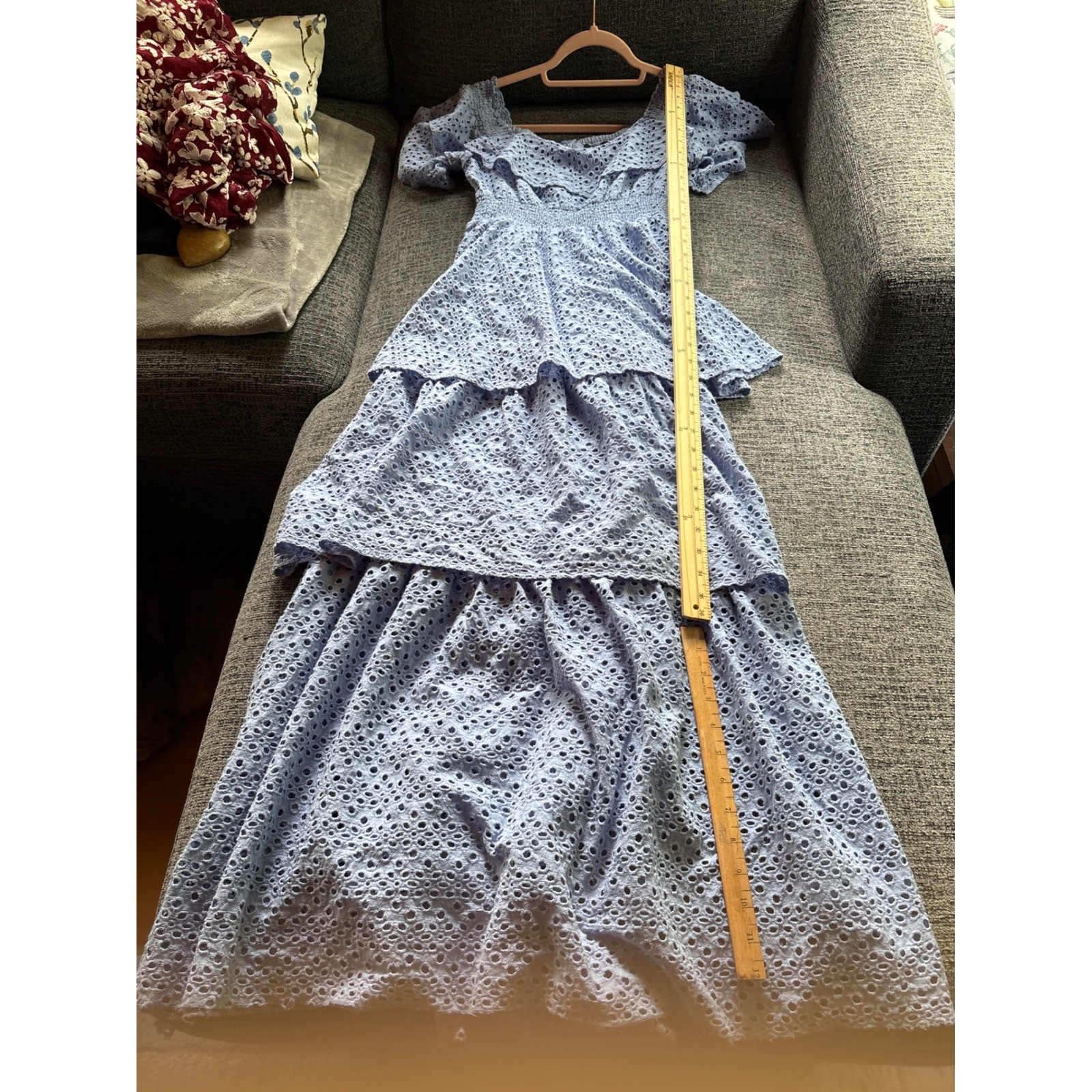 Kendall & Kylie Blue Eyelet Lace Maxi Dress Tiered Smocked Ruffle Flutter Sleeve