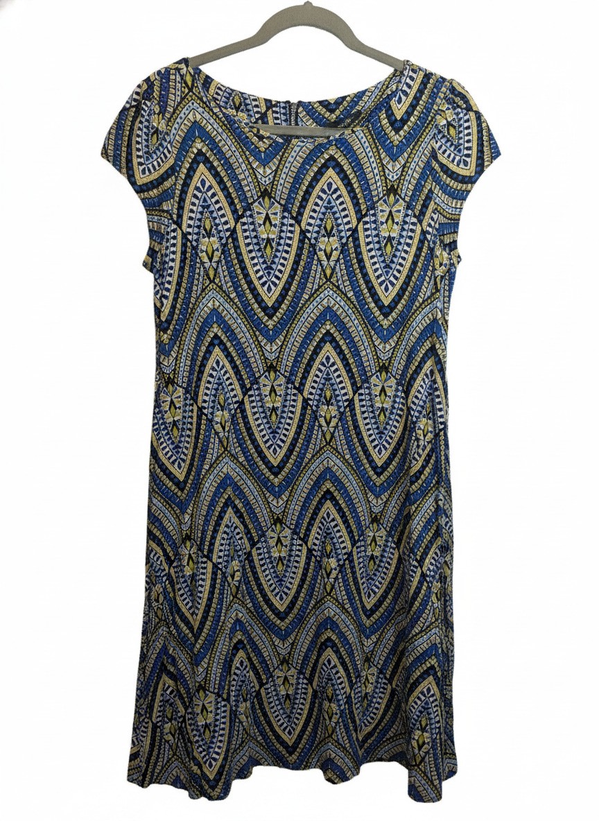 Wallis UK 14 / US 10 / EUR 42 Blue and Yellow Geometric Pattern Dress