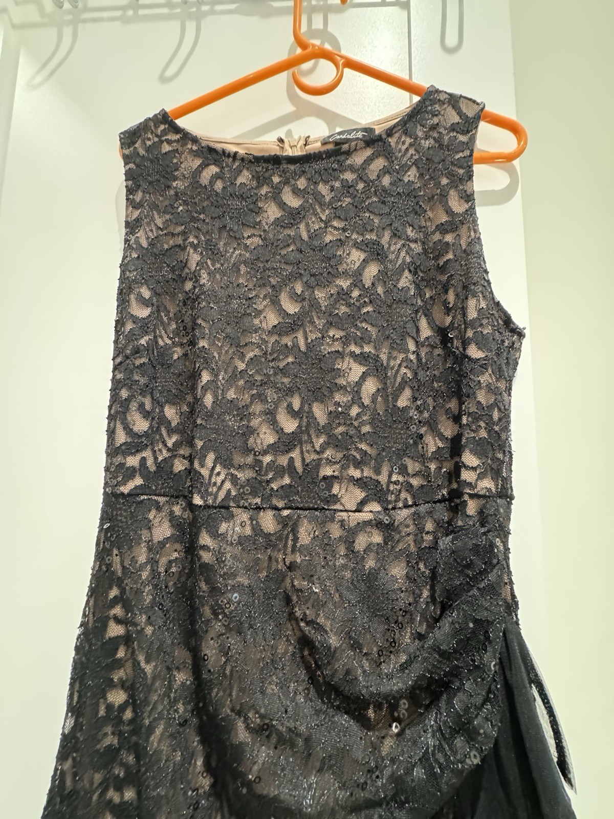 Candalite black formal cocktail dress lined, side slit, ruffle detail in Large