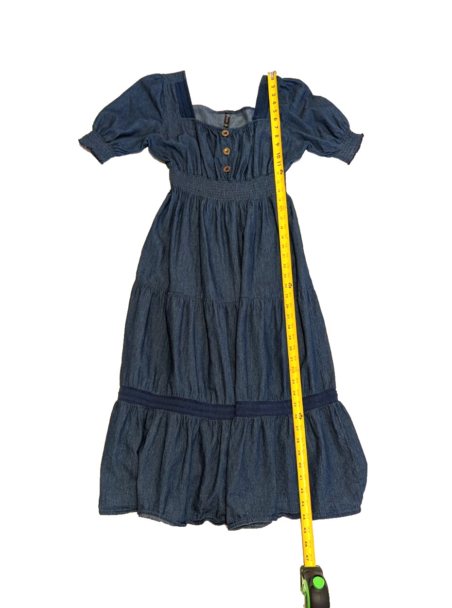 Indigo & Lace Chambray Denim Tiered Dress Smocked Waist Puff Sleeve Women’s L