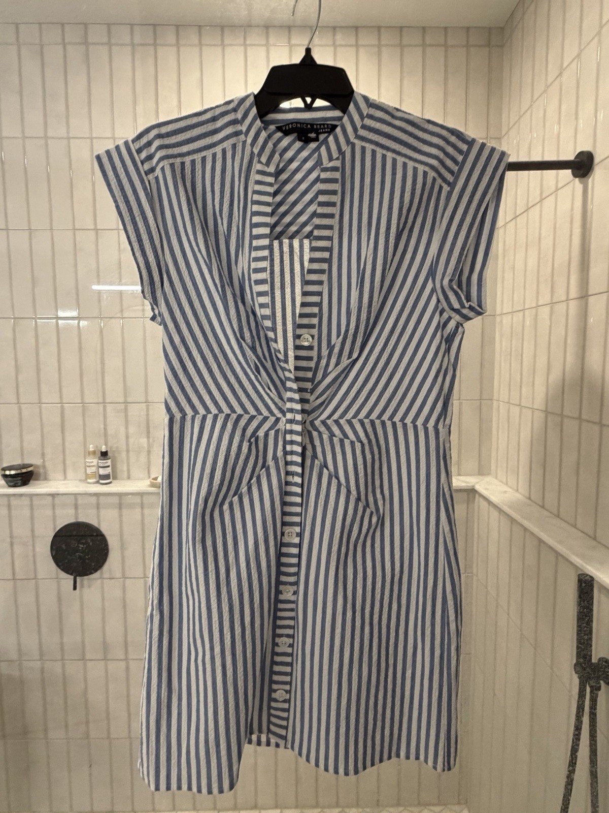 Veronica Beard Jeans Blue/White Striped Seersucker Lined Shirt Dress S