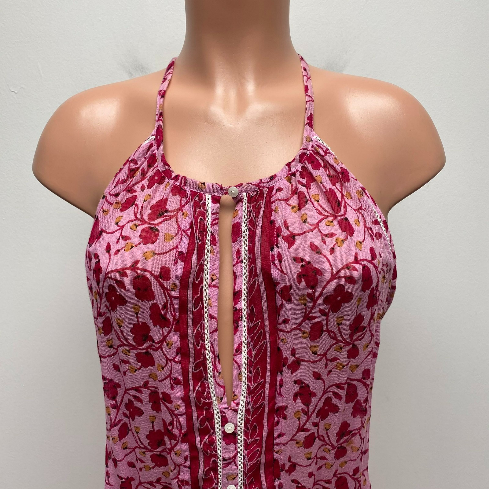 Poupette St Barth Womens Pink Floral Halter Sleeveless Smocked Ruffled Dress L