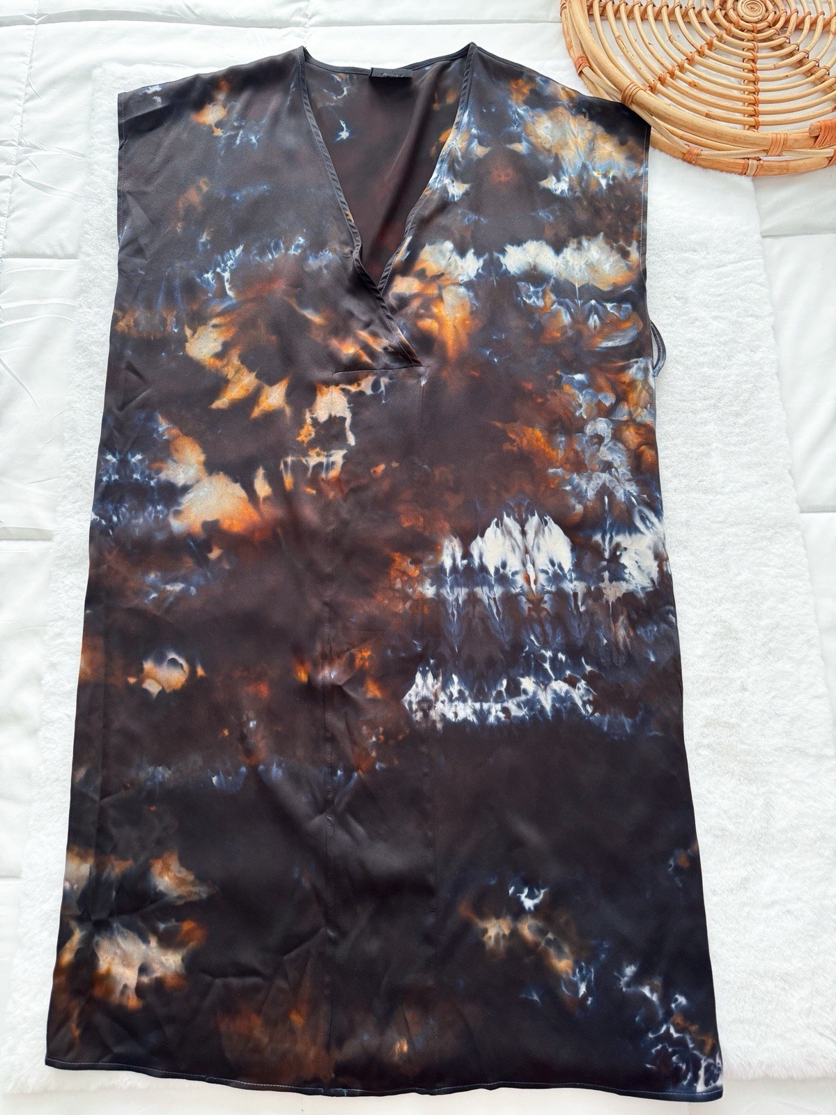 Riverside Tool & Dye Luca Silk Charmeuse Kaftan Midi Dress Brown Tie Dye 1 XS/S