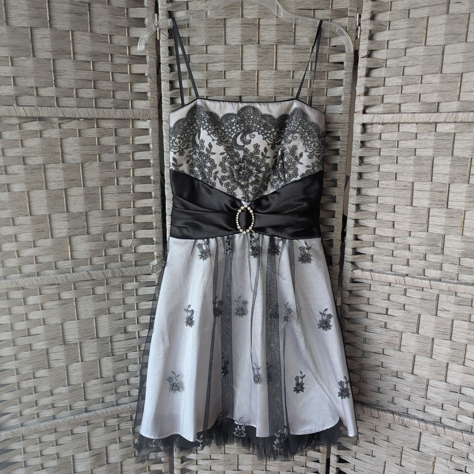 VTG Roberta Dress Silver Black Lace Mesh Tulle Rhinestone Buckle Sz 11/12 *READ