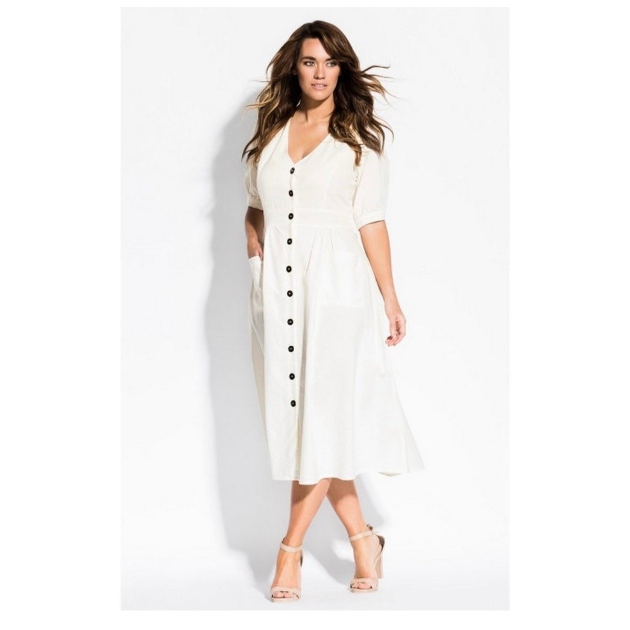 City Chic Linen Cotton Button Front Midi Dress Ivory Plus Size 20