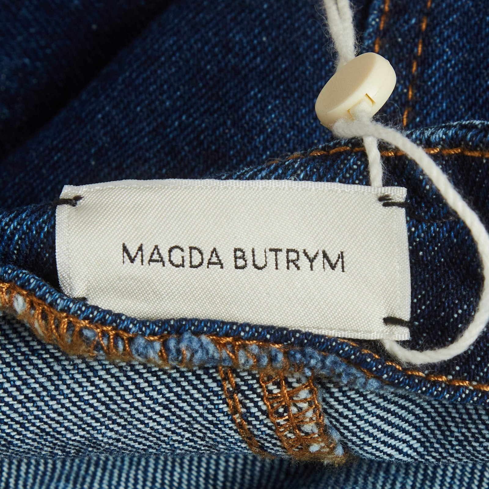 Magda Butrym Blue Denim Flared Strapless Midi Dress S