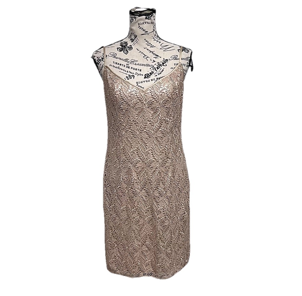 Oleg Cassini Champagne Crochet Mini Dress 8P Metallic Formal Cocktail Party