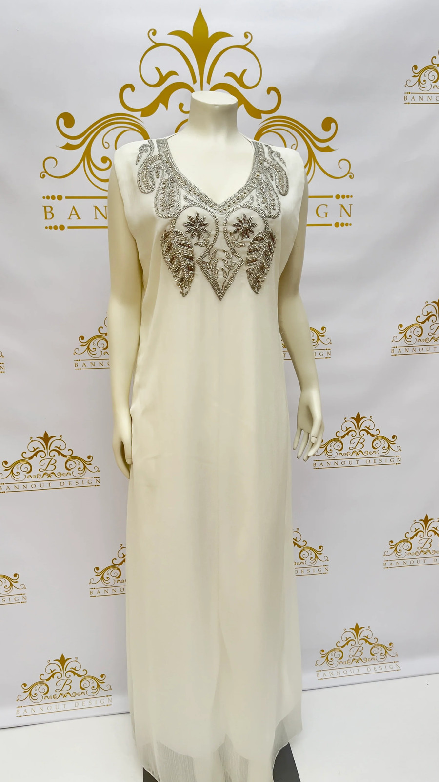 Fancy Kaftan Caftan Abaya 3 Pcs. Leaves Embellished Embroidery & Silver Beads