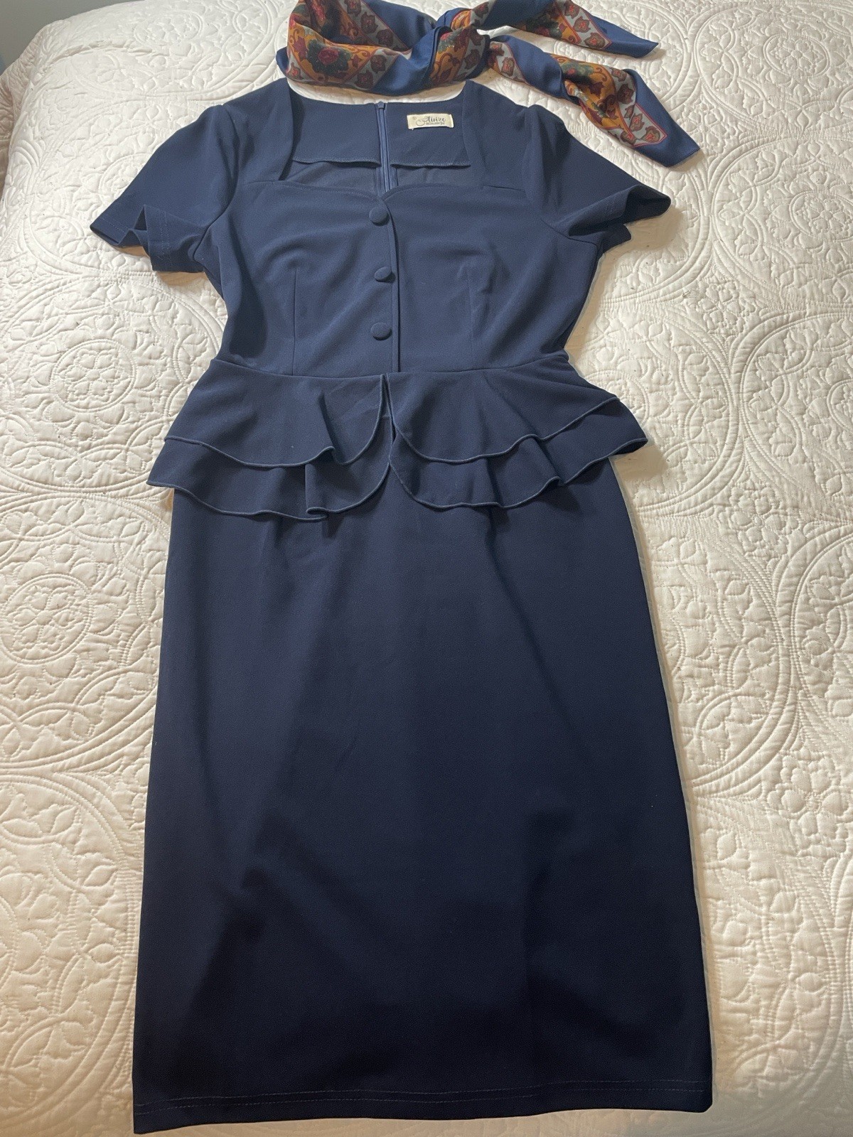 Alivire Blue Solid Sheath Peplum Midi Dress, Short Sleeve, Zip, Button