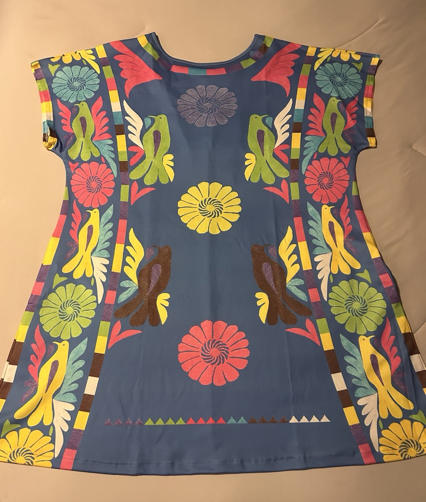 Women’s Blue Multicolor Bird Floral Print Scoop Neck Cap Sleeve Shift Dress