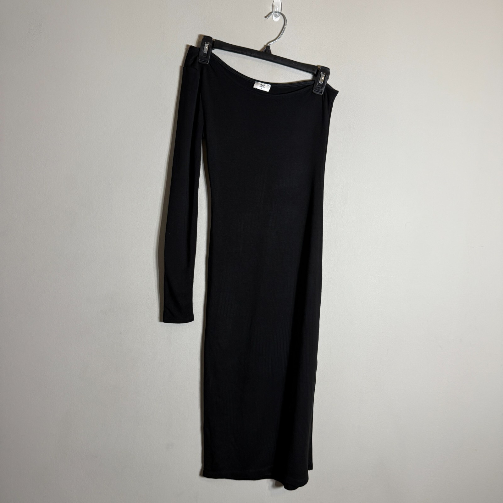 NLT One Shoulder Jersey Bodycon Midi Dress Women’s Small Black Side Slit LBD