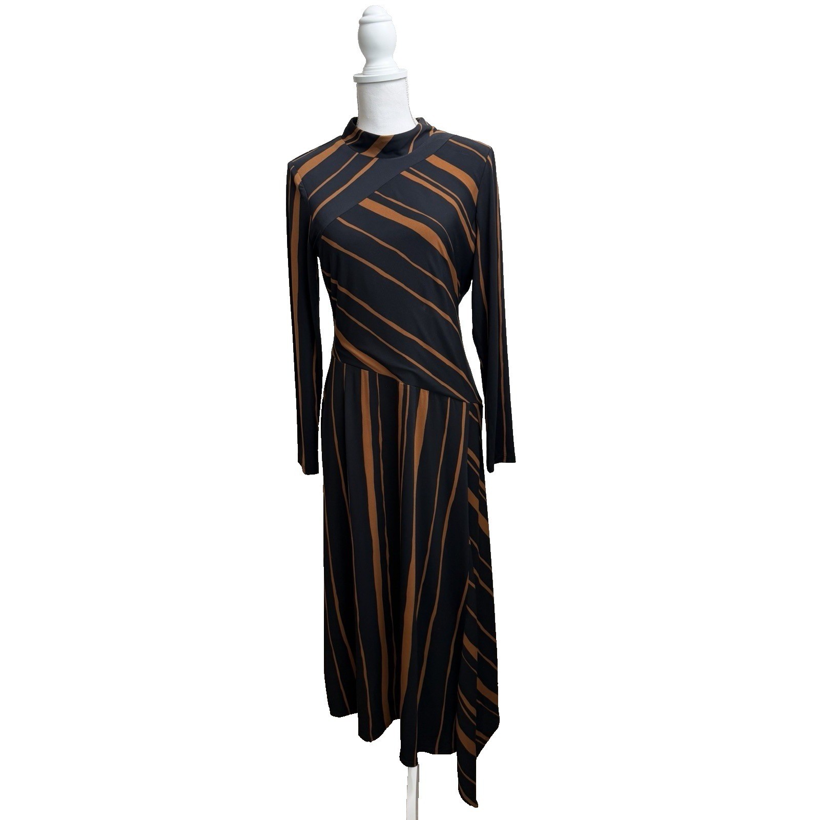 Taylor Women’s Black and Rust Stripe Midi Dress Asymmetrical Hem High neck L
