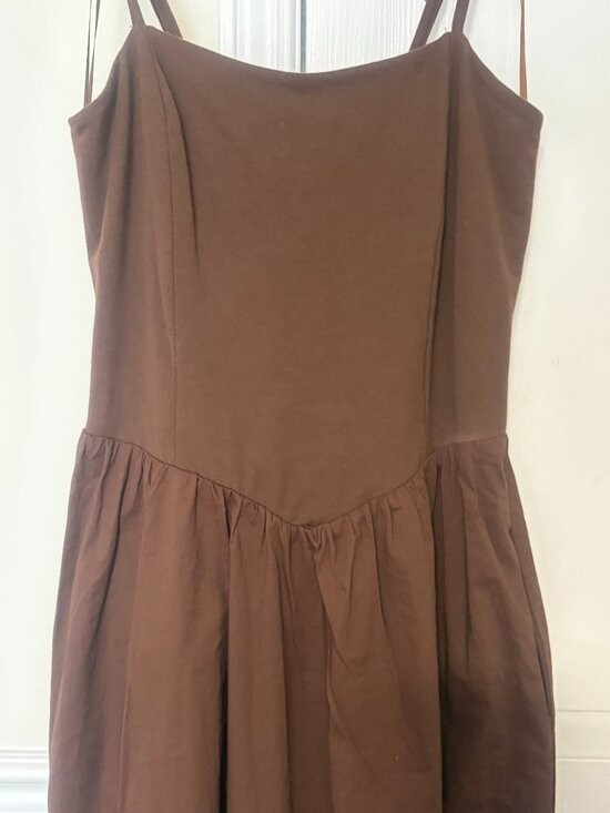 THIRTY THIRTY Brown Midi Dress Size S NWT Drop Waist Spaghetti Strap Sun Small