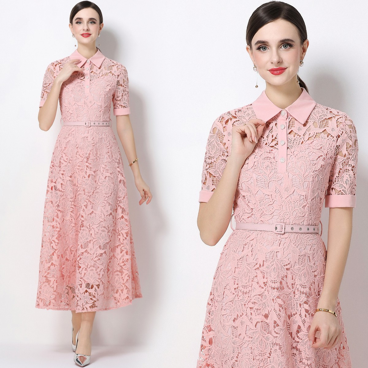Floral Embroideried Hollow Out Short Sleeve Belt Women Casual Party Lace Dresses