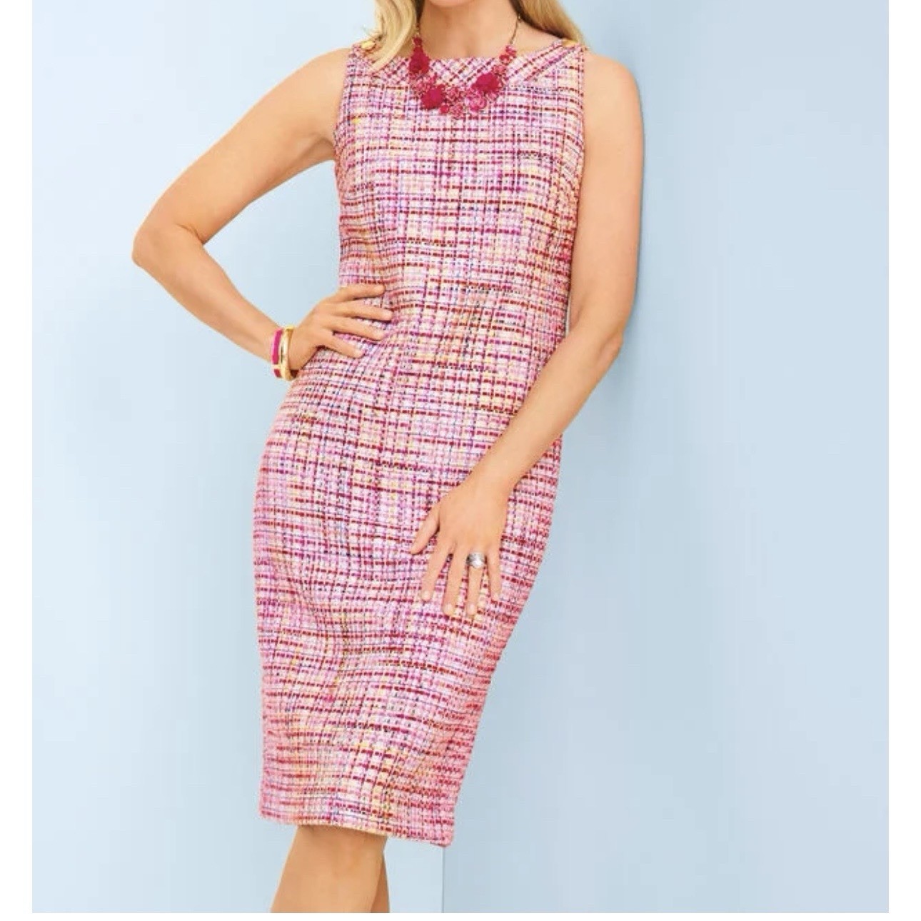 RSVP Tabolts Retro Mod Ribbon Quiet Luxury Tweed Dress 8 Pink Red Gold Buttons