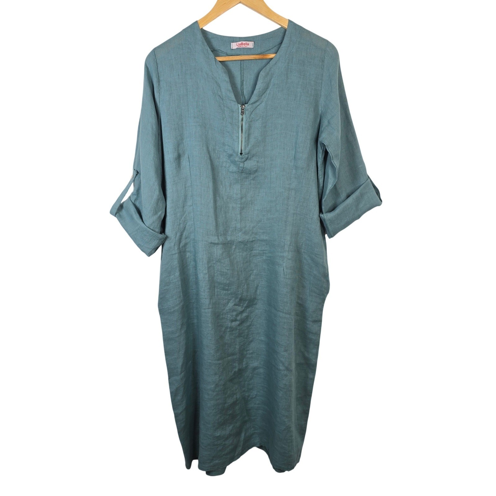 LiaBella Made in Italy 100% Linen Teal Blue Quarter Zip Roll Tab Midi Dress OS