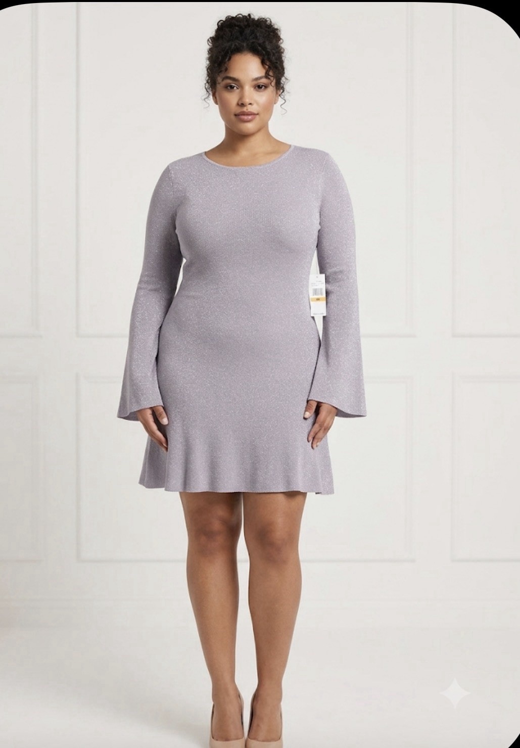 FOREVER 21 Mermaid Dusty Lavender Glitter Knit A-Line Dress 0X Bell Sleeve NWT