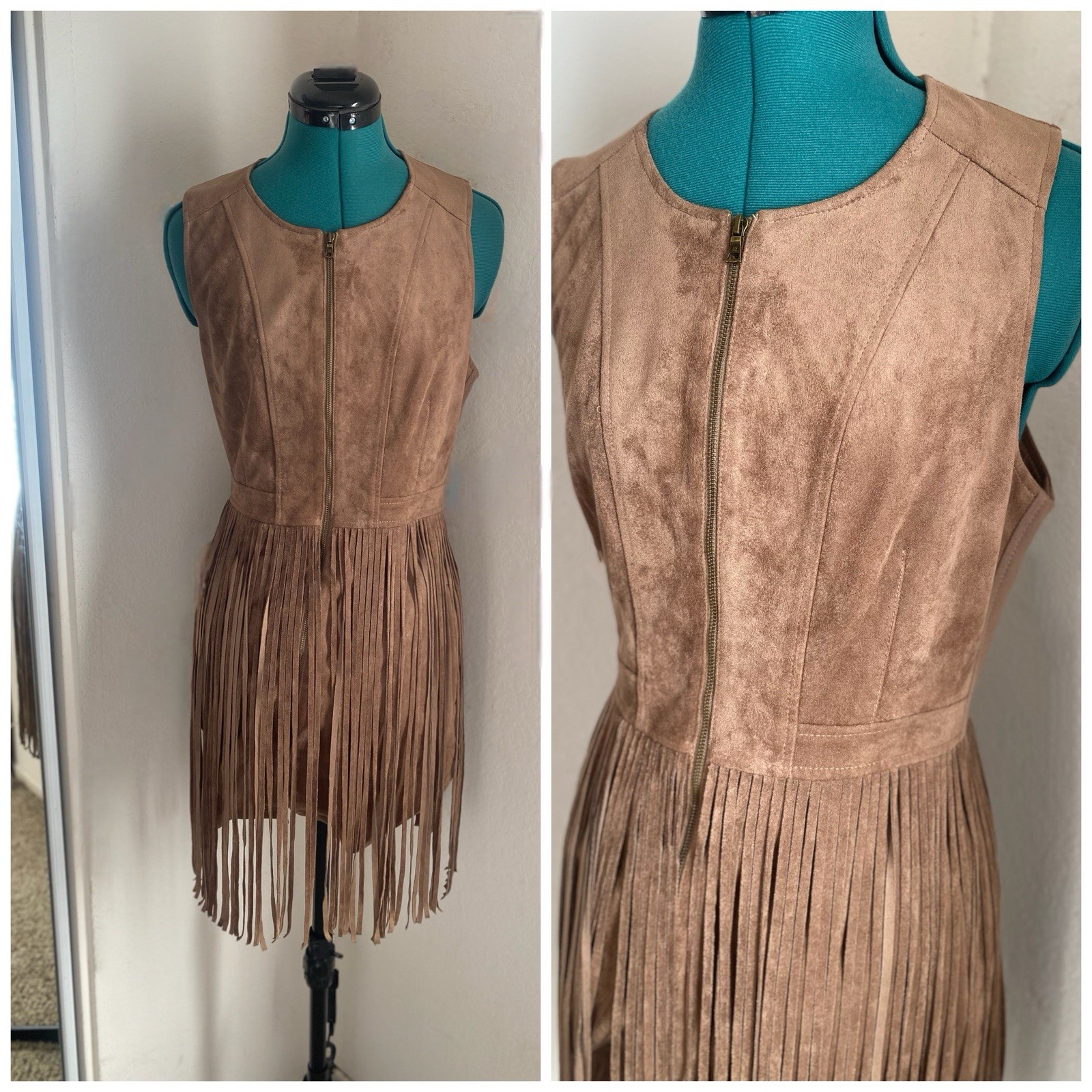 BCBGMaxAzria Taupe Fringe Faux-Suede Mini Dress Tan Brown Size 6